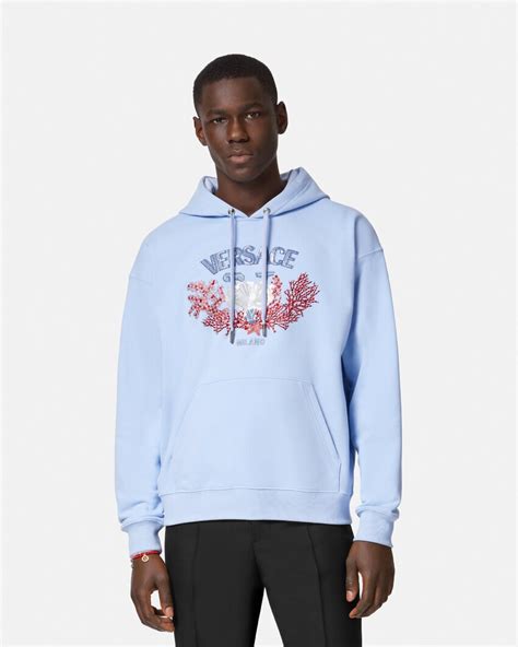 Embroidered University Coral Hoodie Blue